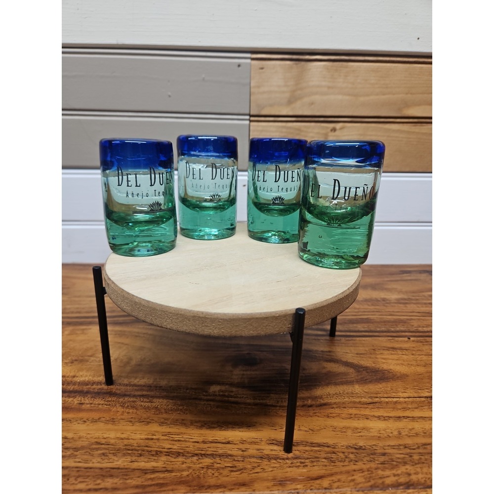 Lot of 4 Del Dueno Anejo Tequila Shooter Hand Blown Blue Green Rim Shot Glasses